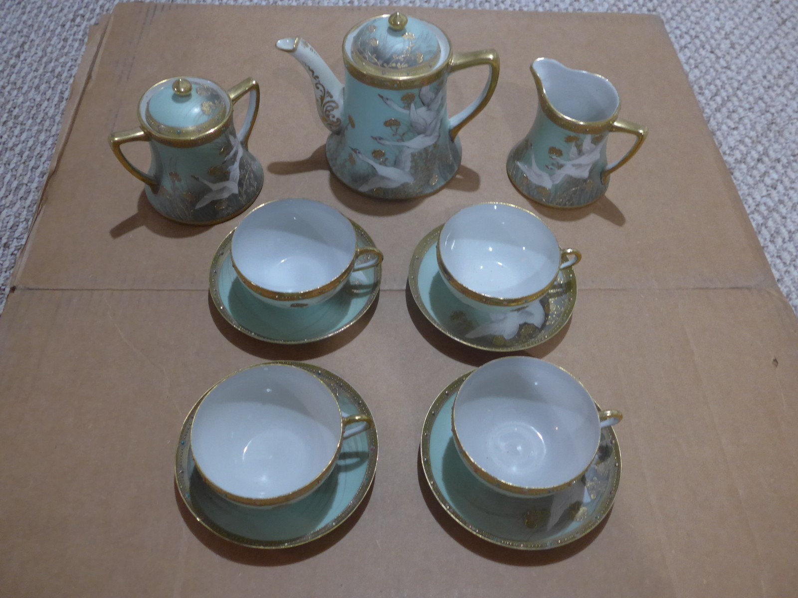 Antique Japan NIPPON Noritake Jeweled Gold Blue Teal Flying Geese Tea Service