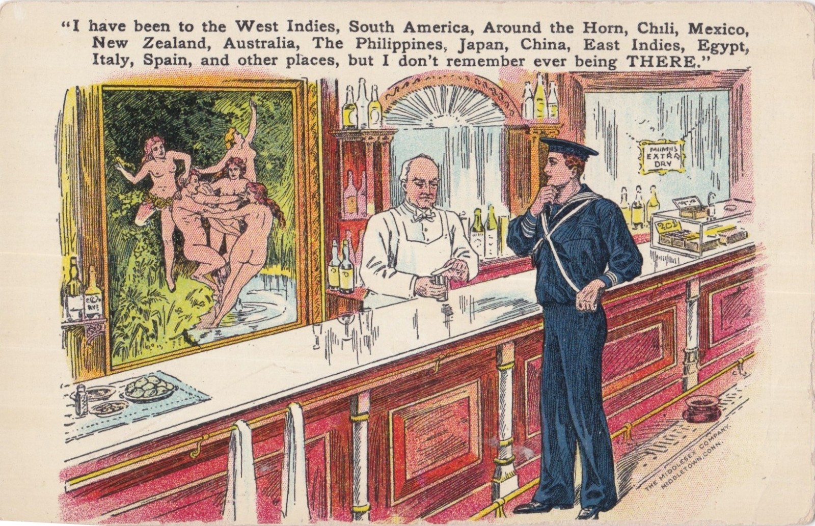 Vintage illustrated postcard -  Naive young sailor with bartender - Gay interest