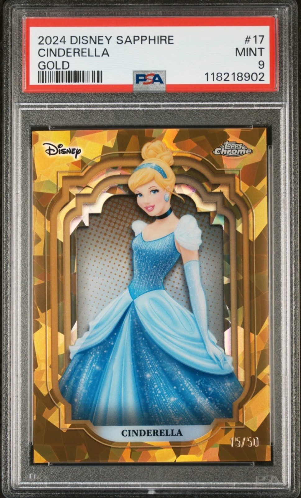 2024 Topps Chrome Disney Sapphire Cinderella #17 Gold Refractor /50 PSA 9 MINT