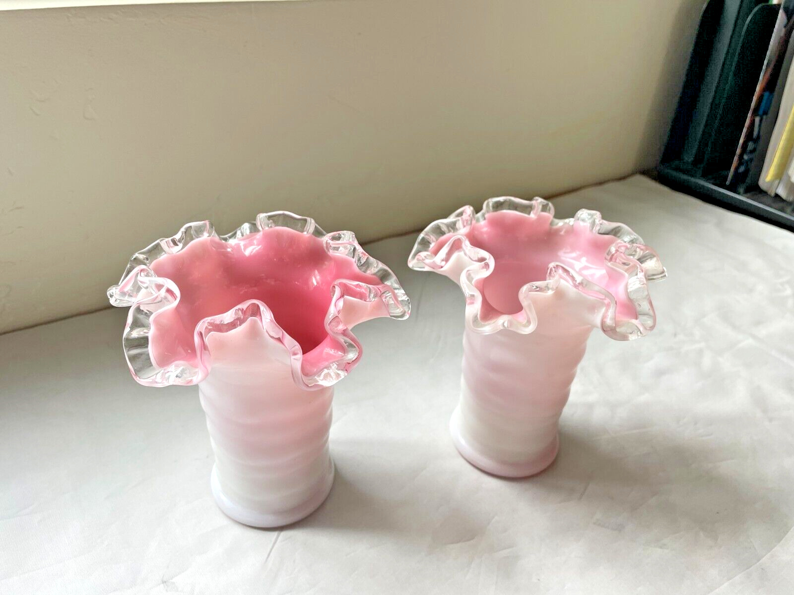 Vintage Art Glass Vase Coral Pink White Ruffle Swirl Mid-Century