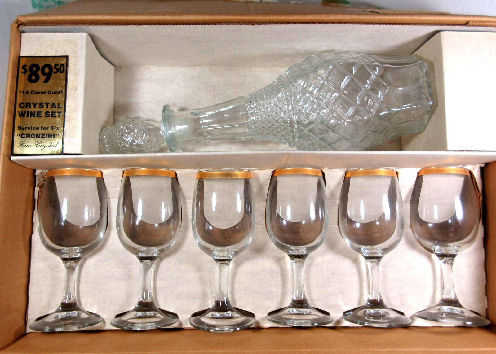 Vintage 14K Gold Cronzini Decanter Set w/ 6 Cups Crystal Glass and Original Box