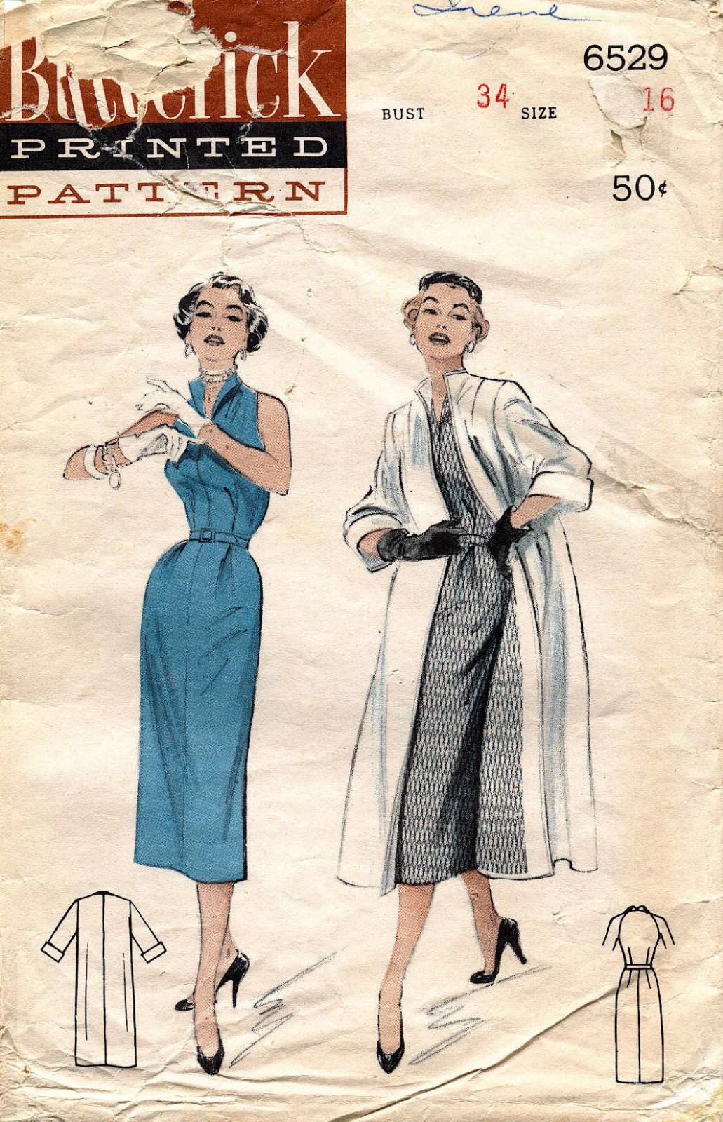 1950\'s VTG Butterick Misses\' Dress & Duster Coat Ensemble Pattern 6529 Size 16