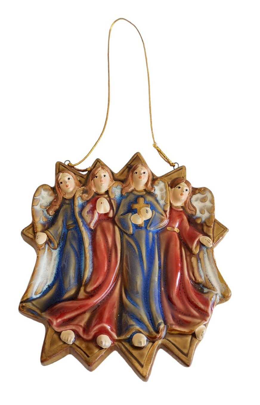 VINTAGE CERAMIC 4 ANGELS ON WALL PLAQUE RED & BLUE ANGELS Deluxe Imports