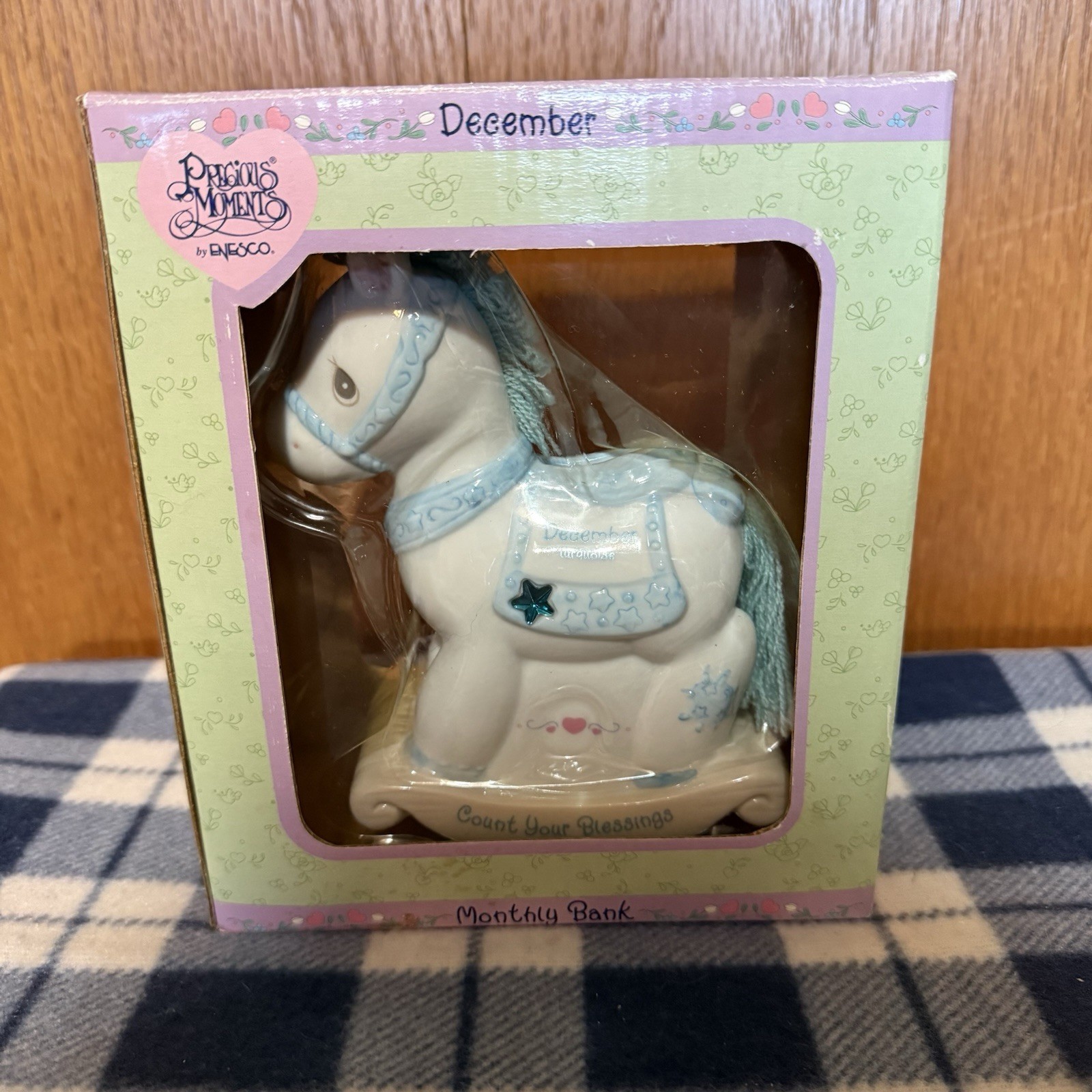 Precious Moments Enesco Bank December Rocking Horse Baby Nursery Turq White 2000