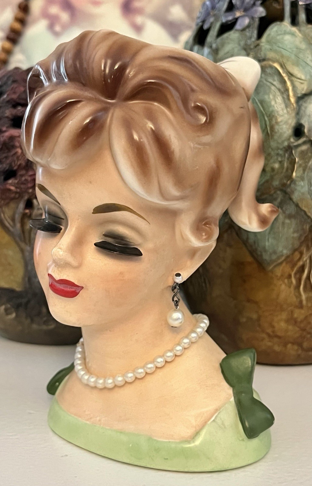 RARE Vintage Enesco Elegant Headvase Ponytail Bows Teen Planter RARE Vintage Enesco Elegant Headvase Ponytail Bows Teen Planter