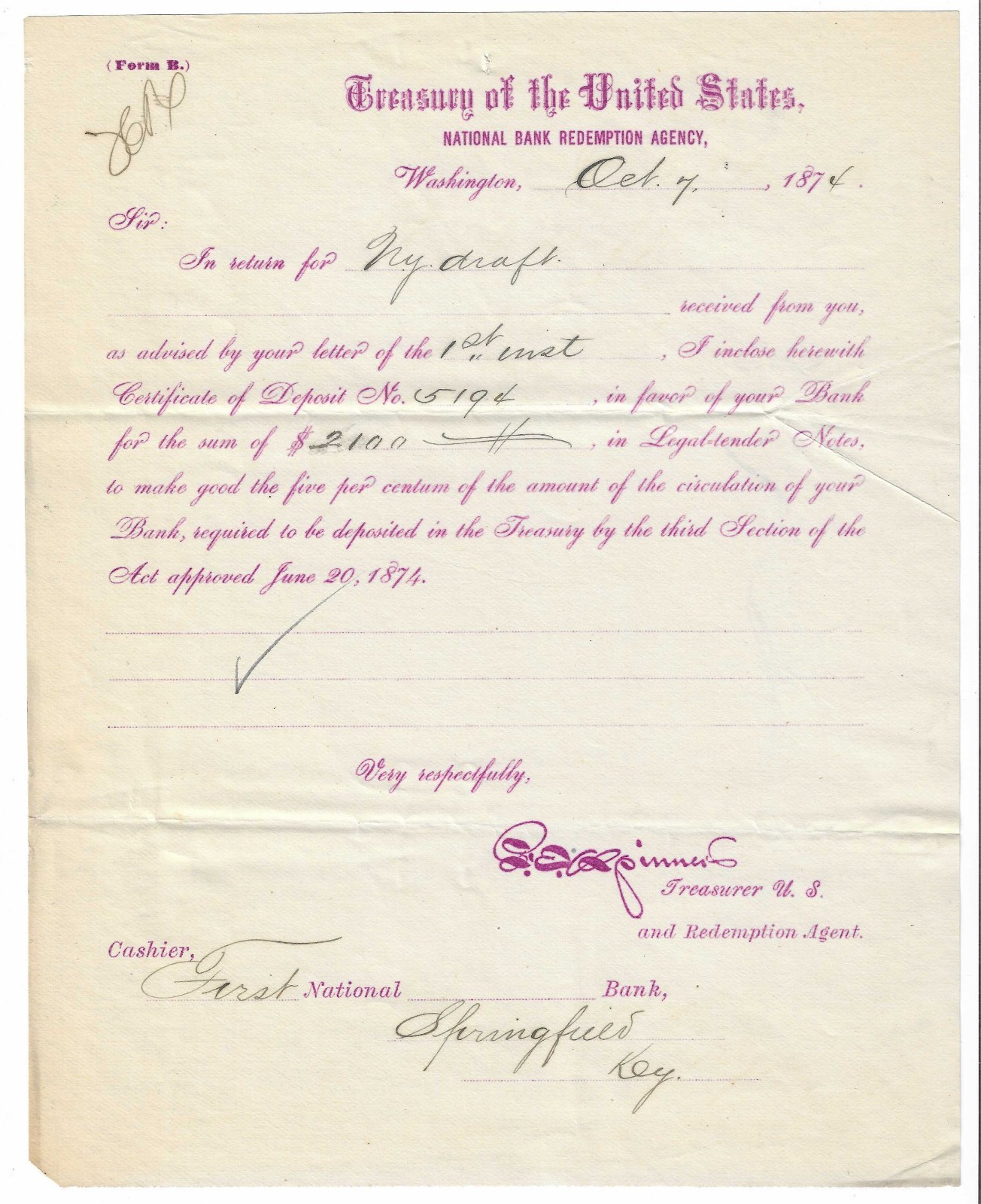 1874 US Treasury Letter ~ From Francis Spinner, US Treasurer