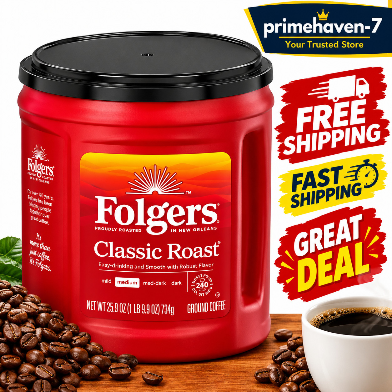Folgers Classic Roast Ground Coffee Medium Roast 25.9 oz Canister Breakfast