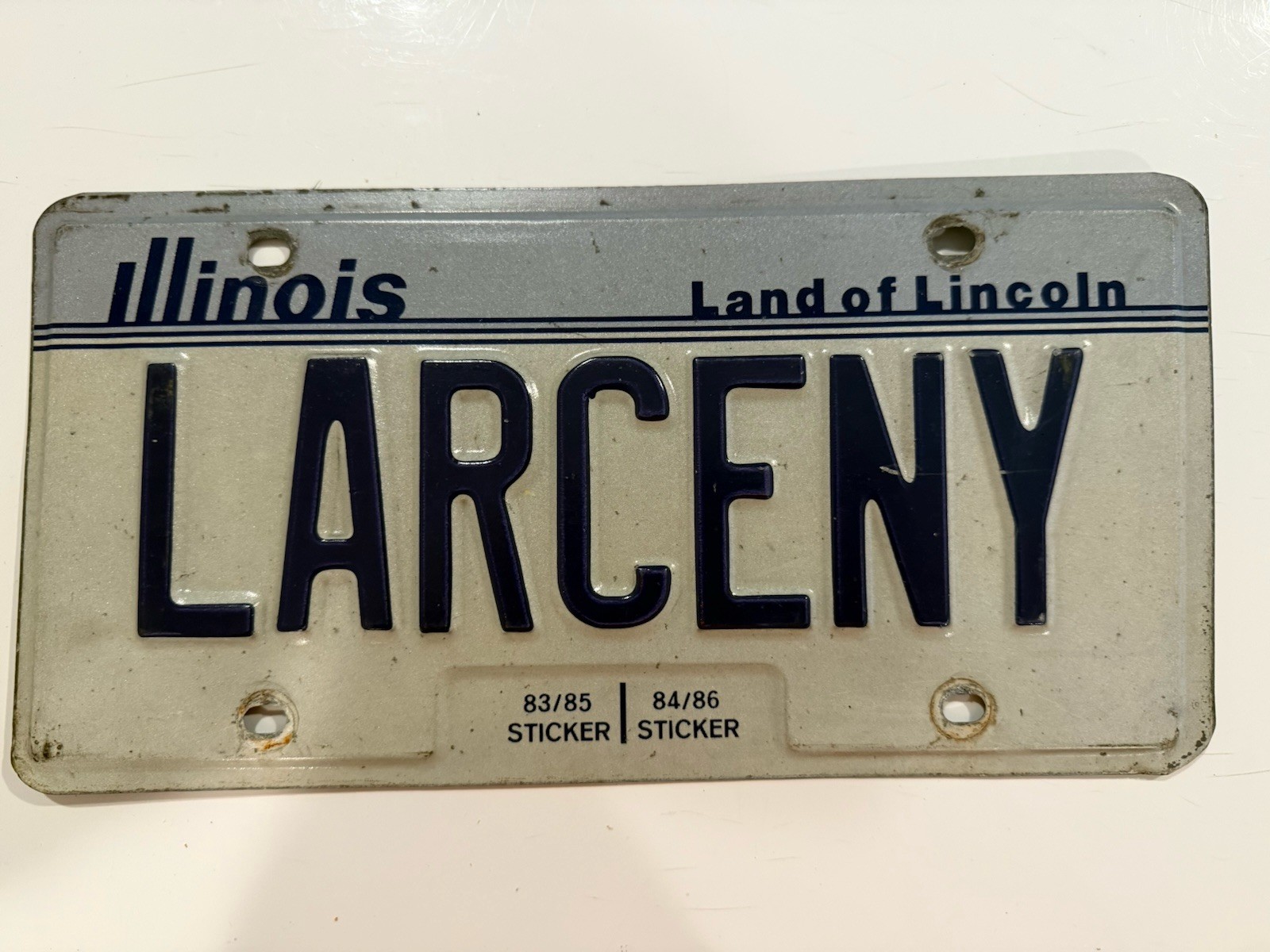 Vtg Exp. Illinois Vanity License Plate LARCENY Bar Man Cave sign 1983 1985 Rare