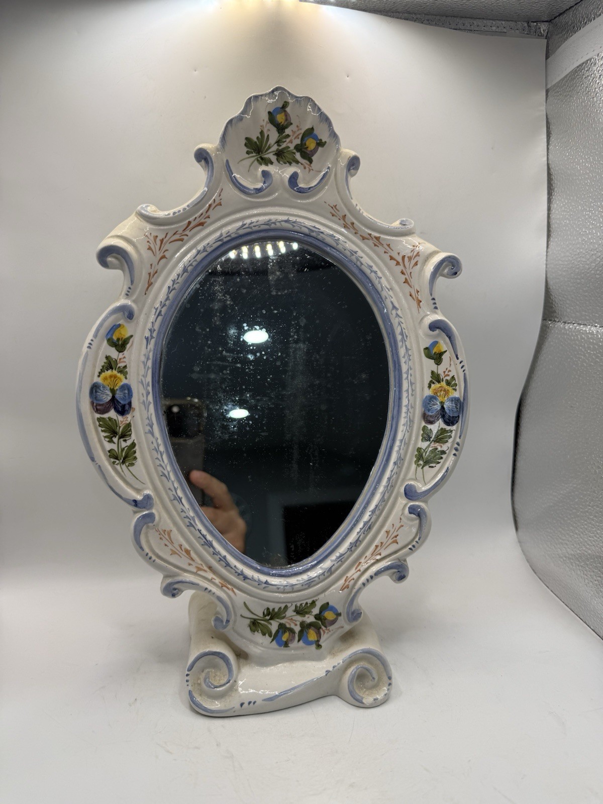 Vintage P.V. Italy Hand Painted Ceramic Vanity Table Mirror Floral Rococo 14” * Vintage P.V. Italy Hand Painted Ceramic Vanity Table Mirror Floral Rococo 14” *