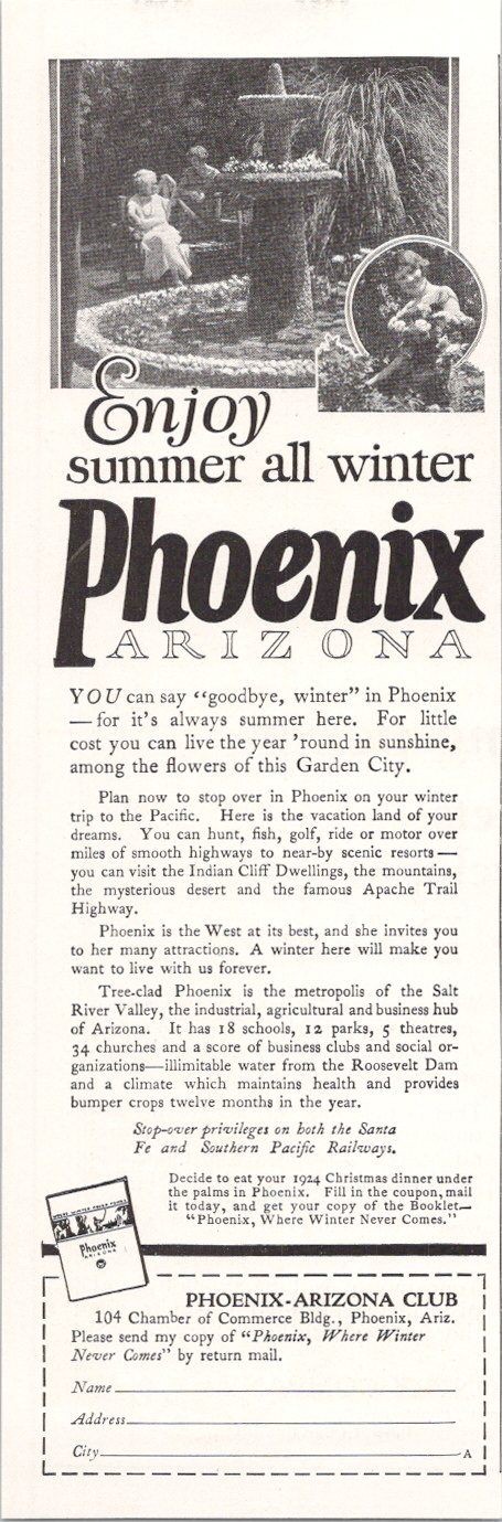 1924 Phoenix Arizona Vintage Print Ad Summer Winter Travel Tourism