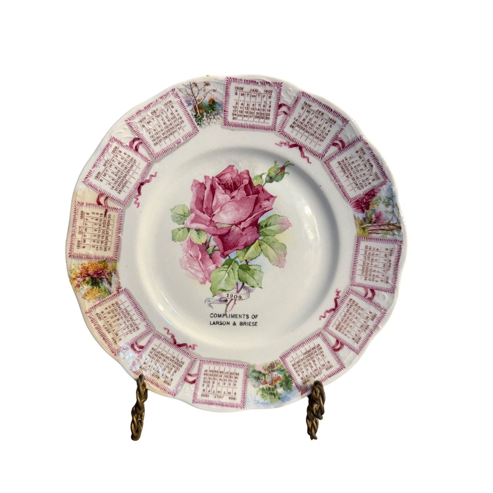 Antique 1909 Calendar Plate Sevres Porcelain Larson & Briese Pink Rose Scalloped
