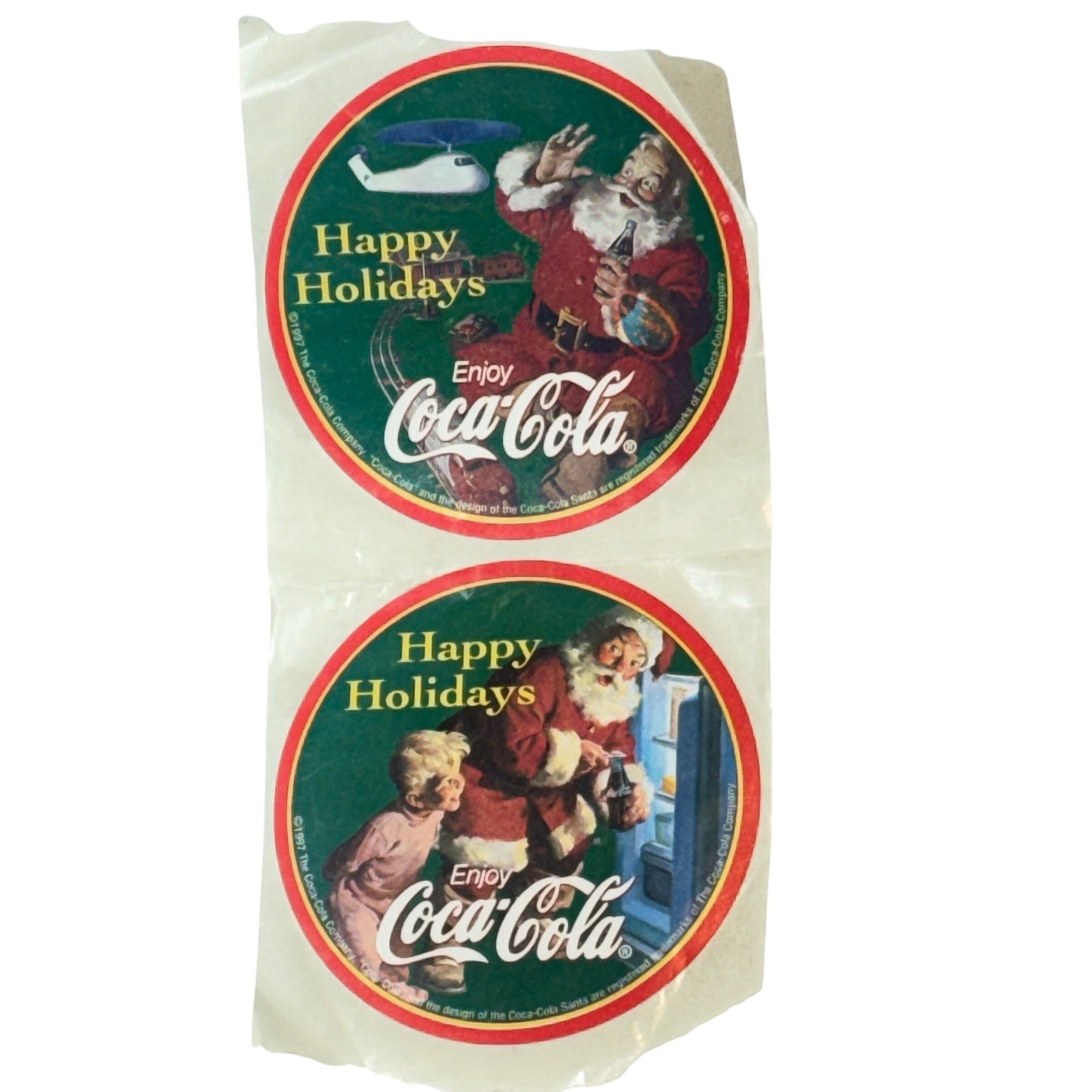 Vintage 1997 Coca-Cola Happy Holidays Santa 3in Stickers Pair Unused