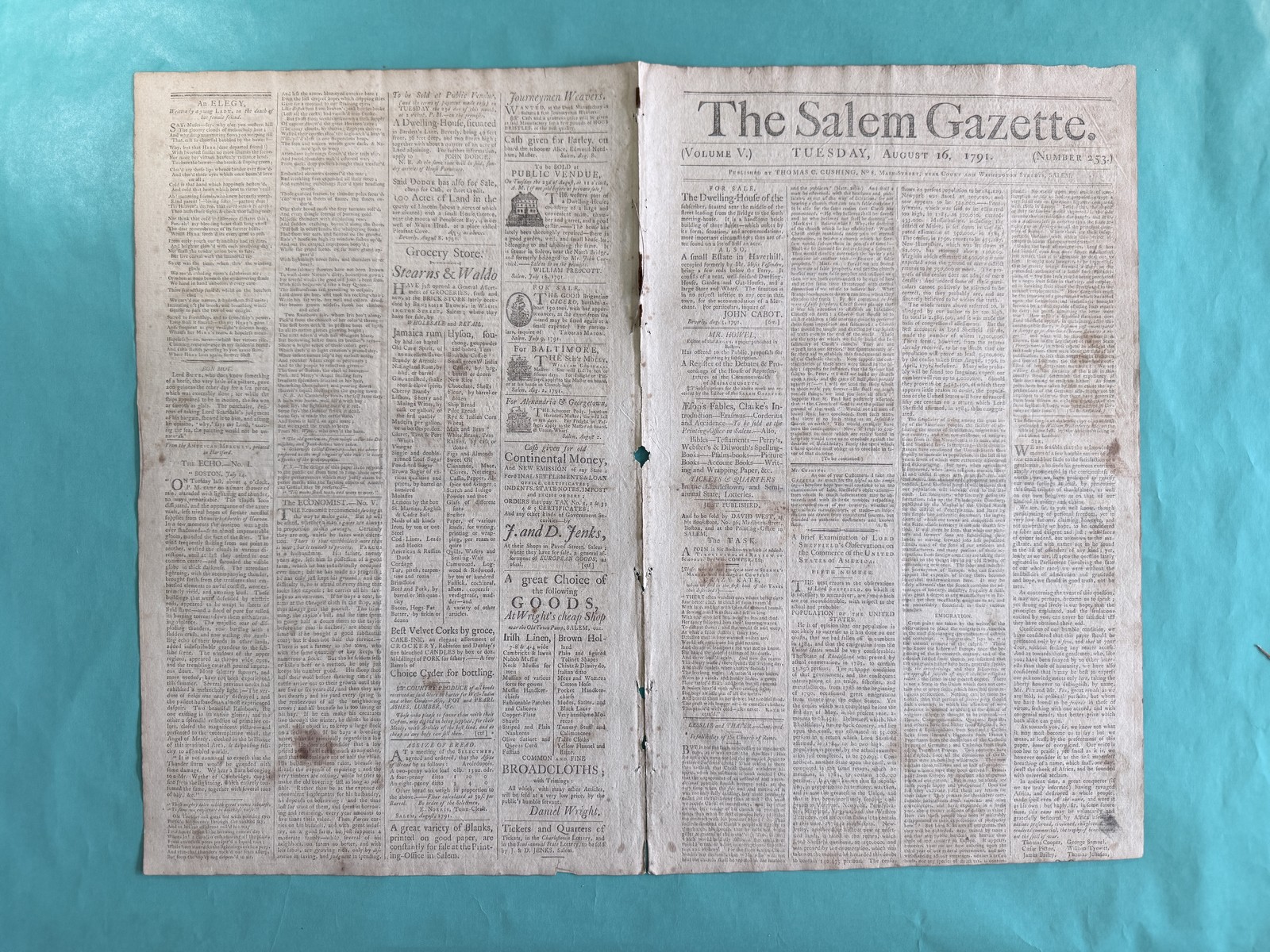 1791 Salem Gazette Newspaper August 16 JOHN CABOT HOUSE FOR SALE Colonial News