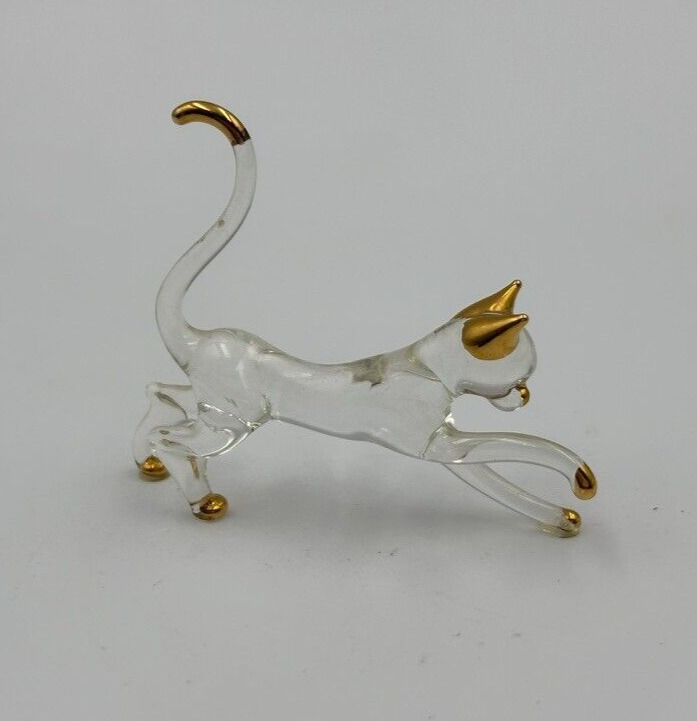 Vintage Glass Cat Figurine Clear Glass Gold Tips Miniature Playful Figurine 2\