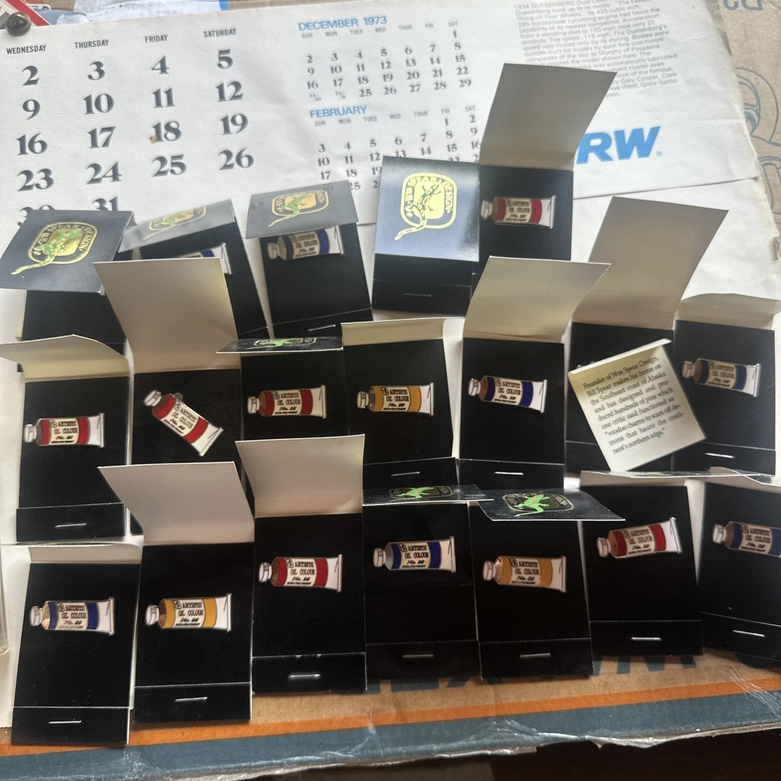 24 Vintage Wm Spear Design Enamel Pins NOS Original Cards Alaska Artist Lot