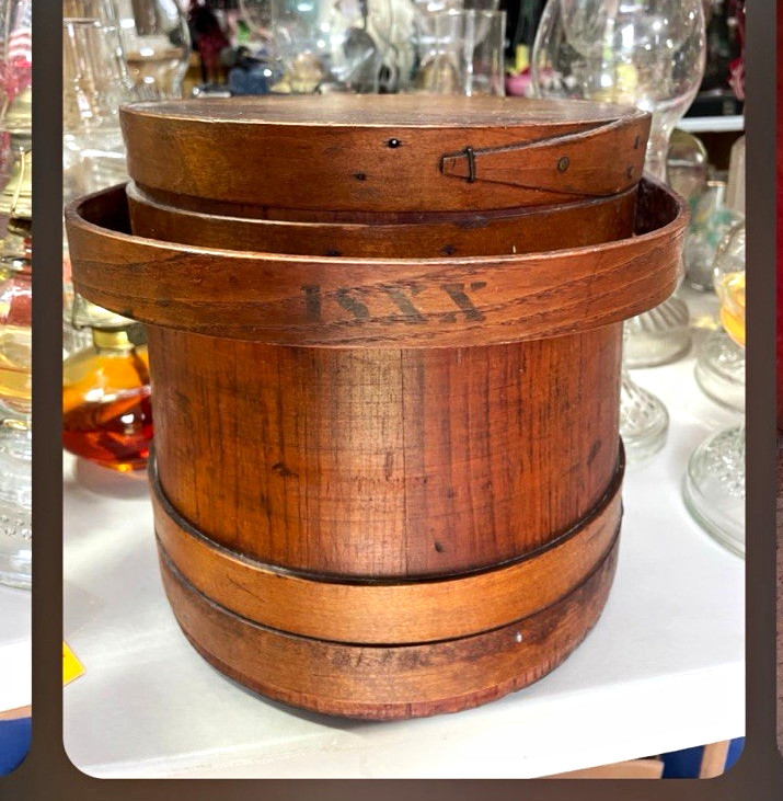 Vintage Wooden Firkin Bucket Storage Basket Round Medium Brown Woven Handle Vintage Wooden Firkin Bucket Storage Basket Round Medium Brown Woven Handle