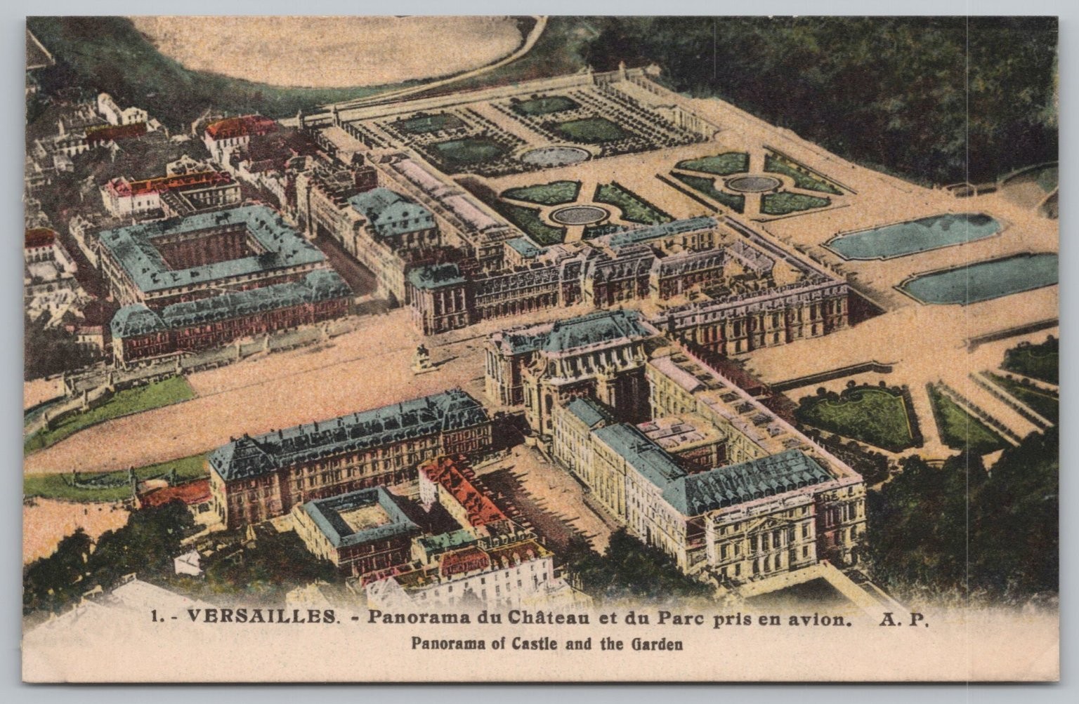 Versailles Palace & Gardens Aerial View Postcard E. Papeghin Paris 1920s UNP