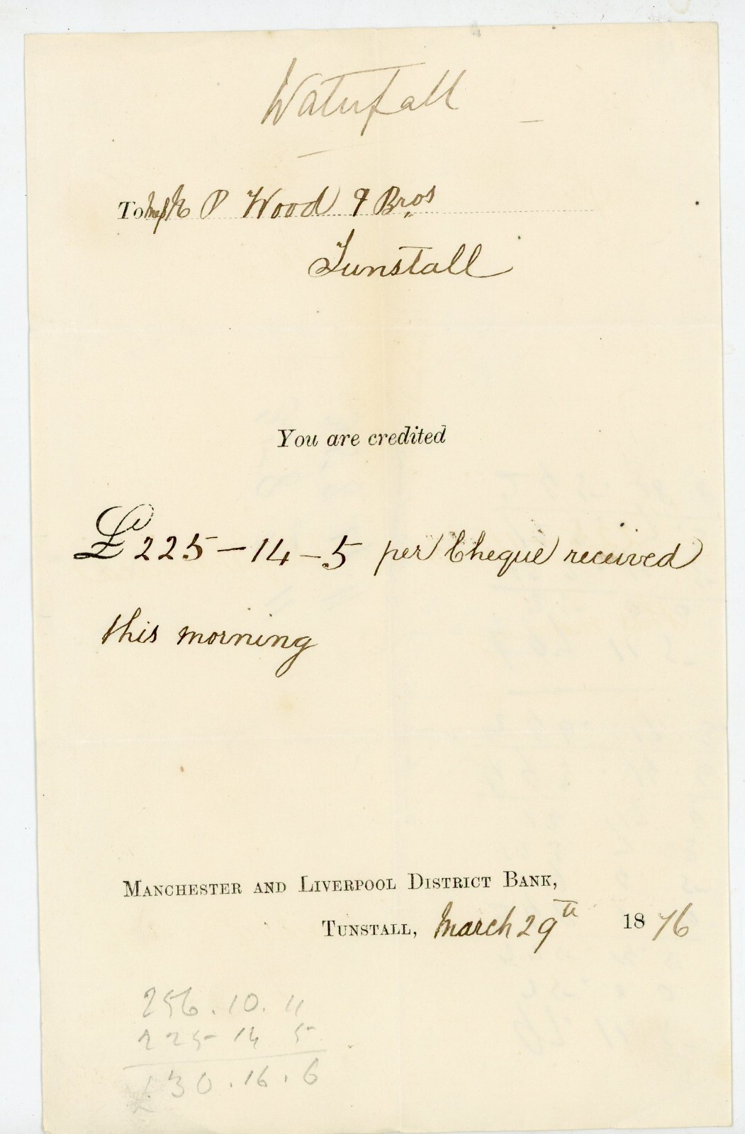 1876 Manchester & Liverpool District Bank Deposit Notice Tunstall England
