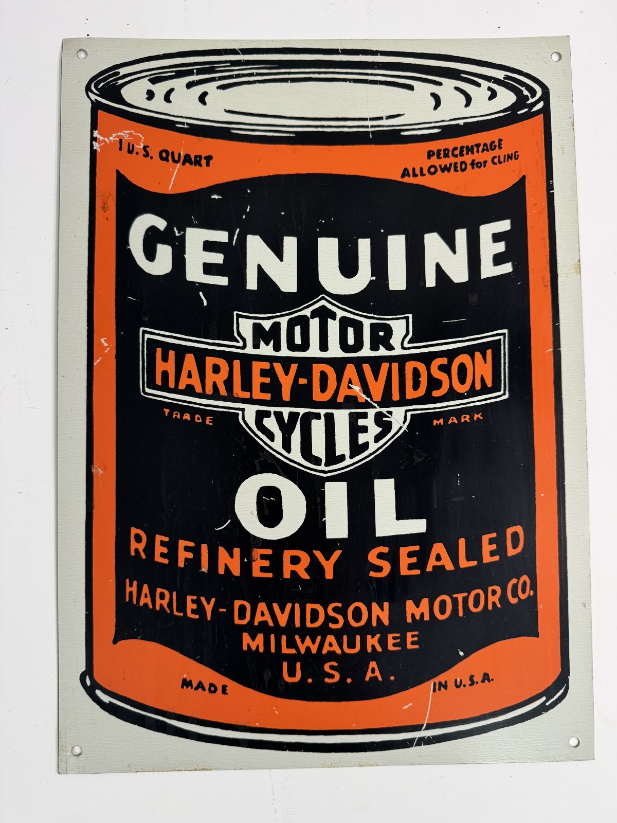 HARLEY-DAVIDSON Motor Oil ONE QUART CAN Milwaukee Wisconsin Metal Sign 14\