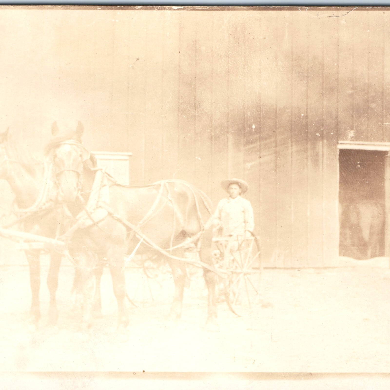 c1910s Horse Team Man Barn Farm Wagon Carriage Real Photo Postcard RPPC Vtg