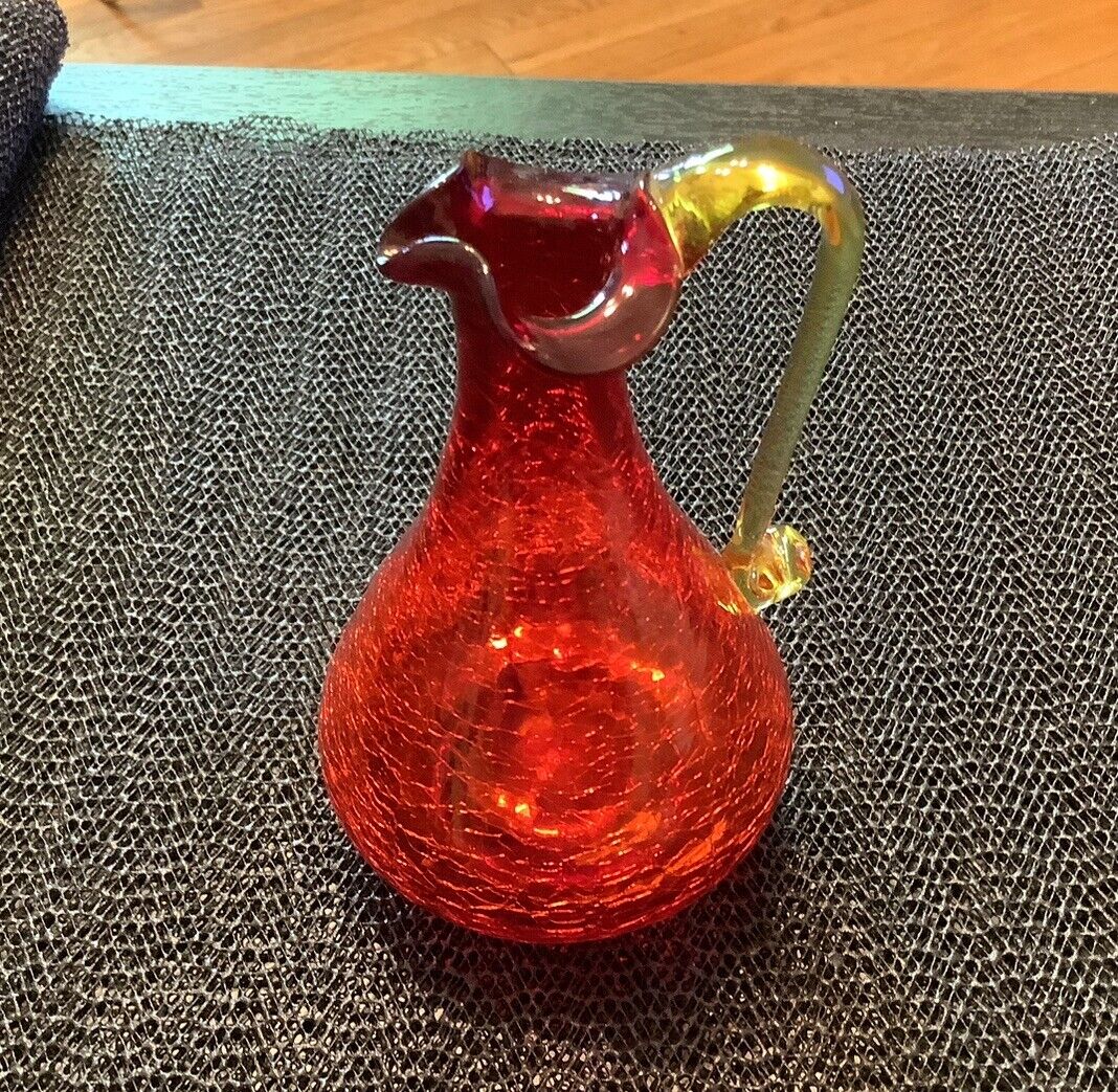 Hand Blown Ruby Red Crackle Glass Pitcher Applied Yellow Handle Delicate 5 \