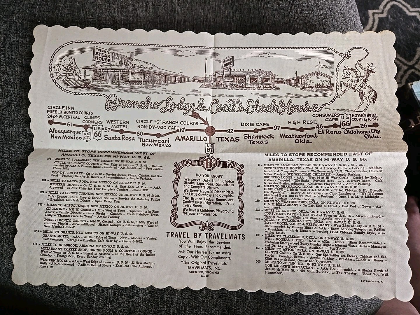 Set Of 2 Placemats From 1950s Broncho Lodge & Cecil\'s Steak House Amarillo TX Set Of 2 Placemats From 1950s Broncho Lodge & Cecil\'s Steak House Amarillo TX