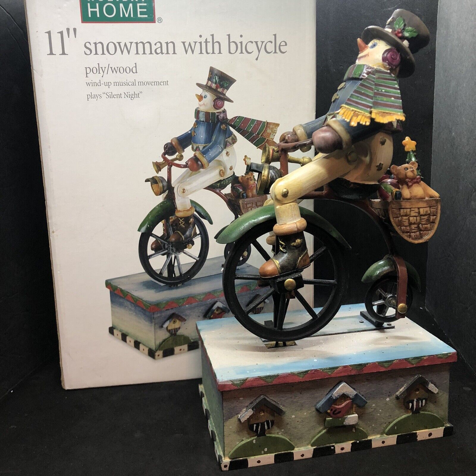Christmas Music Box Snowman Riding Bicycle Jointed Moving Plays Silent Night 11\