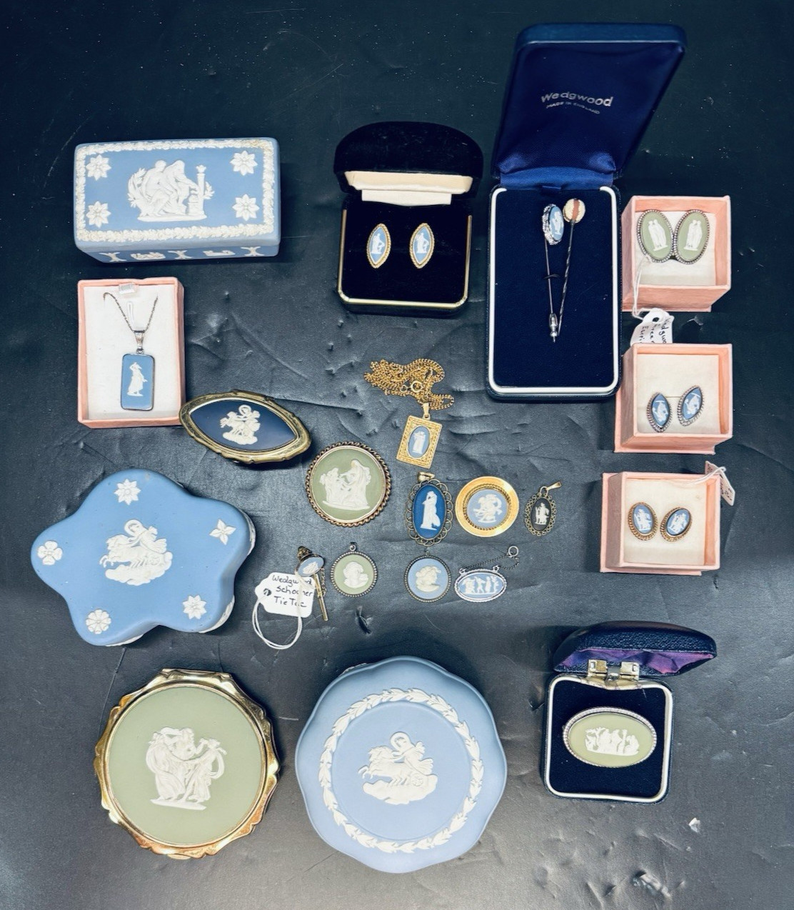 Wedgwood Large Mixed Lot Vintage Blue & Green Jasperware Boxes, Compact, Jewelry