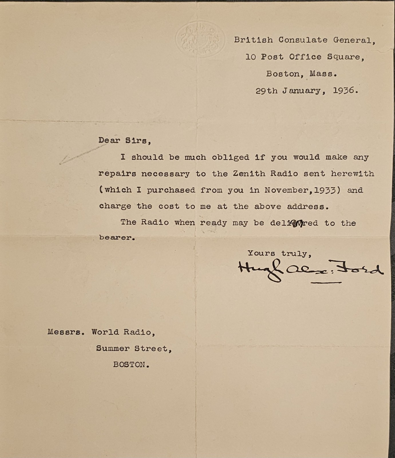 1936 British Consul General Boston – Hugh Alexander Ford TLS – WWII Era