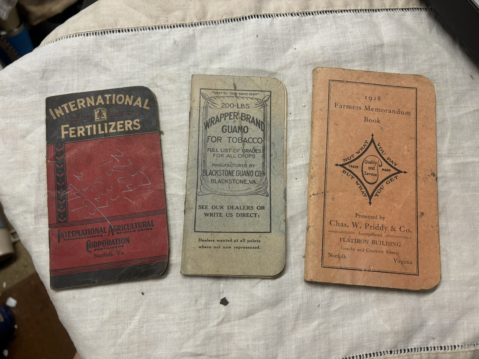 Antique 1928 & 1930s Farmers Memo from Fertilizer  Co Guano Bag all Virginia