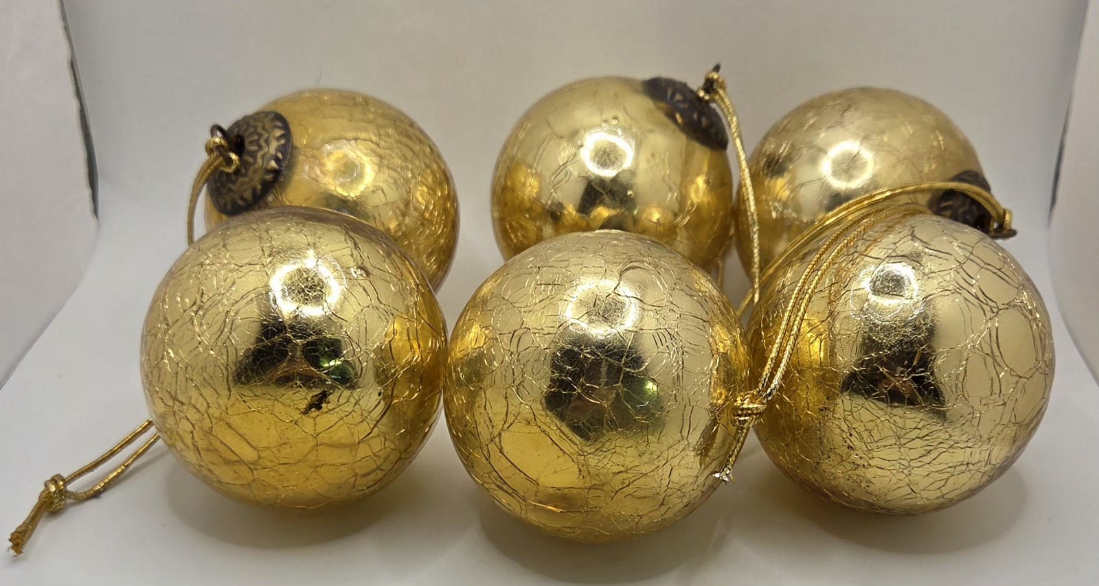 VTG (6) Champagne Gold Kugel Style Crackle Mercury Glass 2.5 VTG (6) Champagne Gold Kugel Style Crackle Mercury Glass 2.5