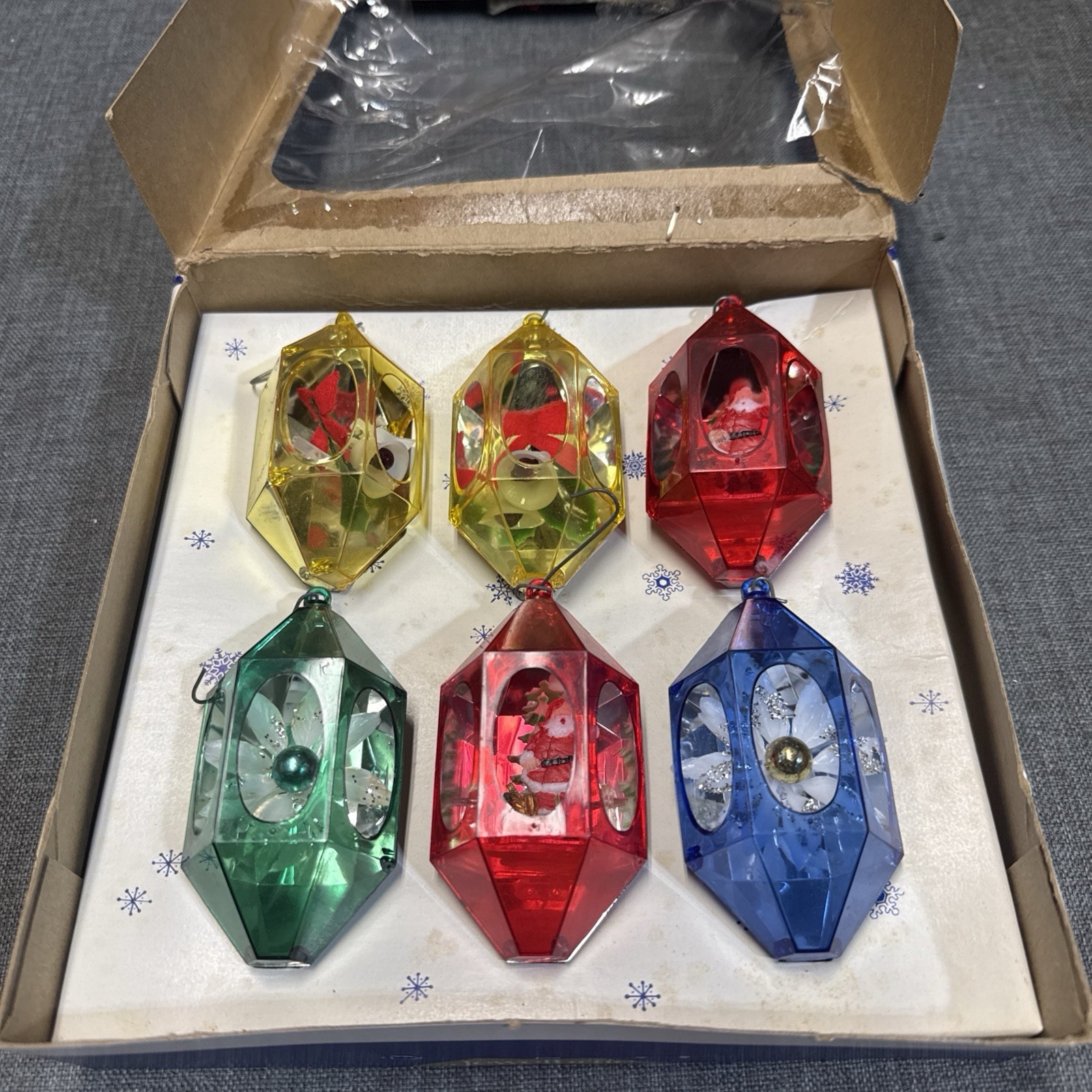 Vintage 1960's Jewel Brite Plastic Hexagon Diorama Christmas Ornaments in Box Vintage 1960's Jewel Brite Plastic Hexagon Diorama Christmas Ornaments in Box