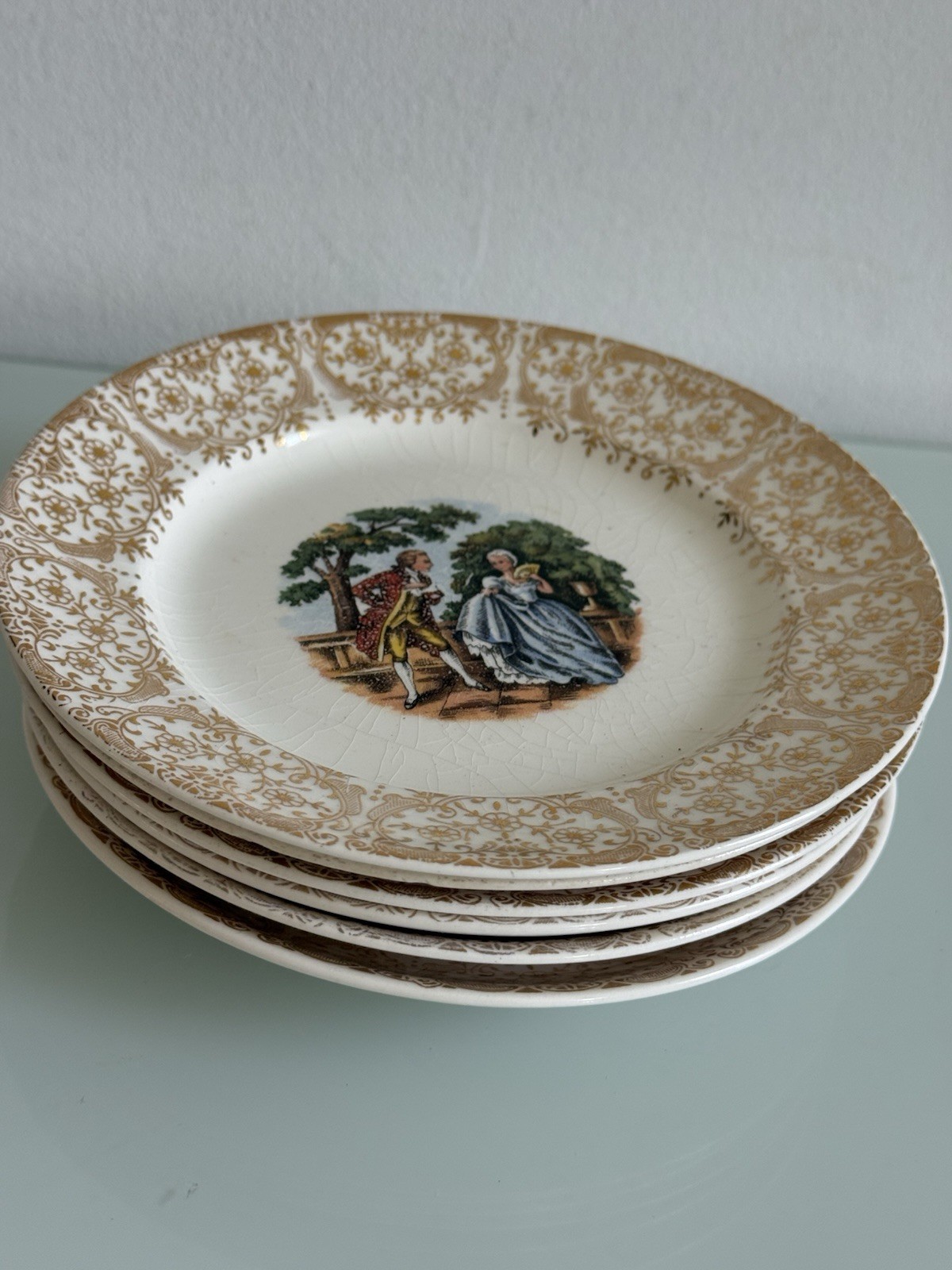 Vintage Royal Colonial Gold 22K Gold Porcelain Plate Set of 6 Courting Couple