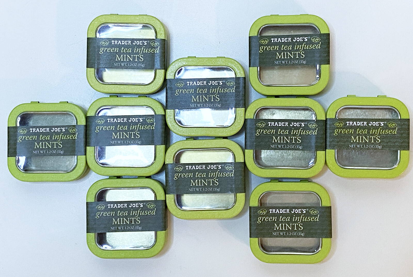 12 EMPTY Trader Joe\'s Green Mint Candy Metal Tins Storage Boxes 