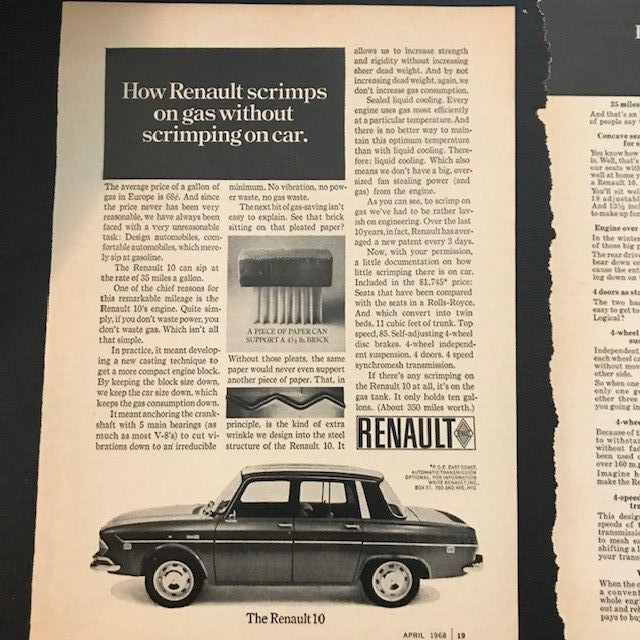 Two Renault print ads (one dated April 1968)