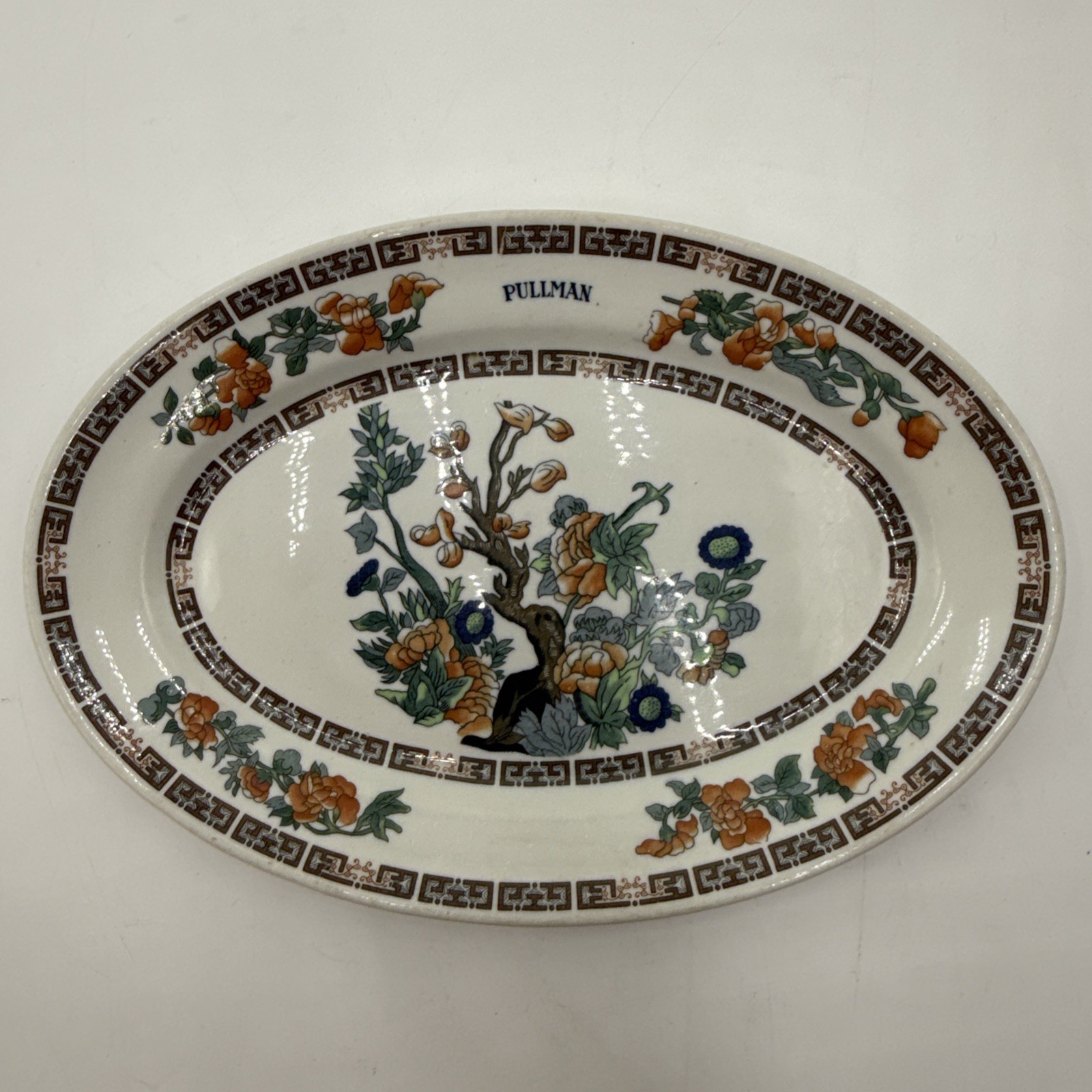 VINTAGE PULLMAN RAILROAD TOP MARKED INDIAN TREE BUFFALO CHINA OVAL PLATTER 10.5\