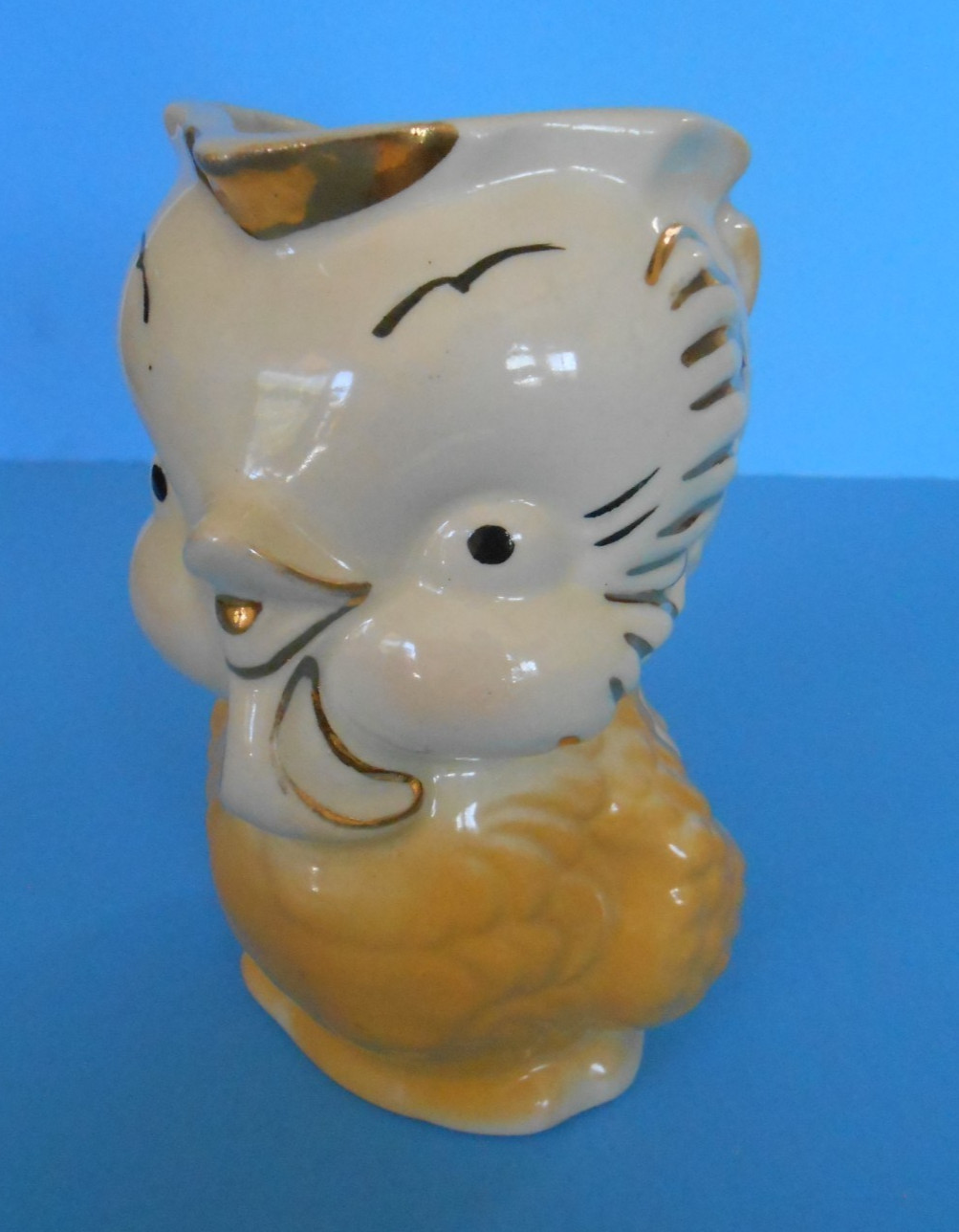 Vintage Mid-Century Figural Ceramic Bird Chick Pitcher Cream Yellow Gold Trim