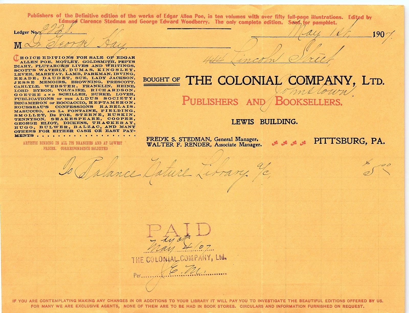 1907 The Colonial Co. Publishers & Booksellers billhead 1907 The Colonial Co. Publishers & Booksellers billhead