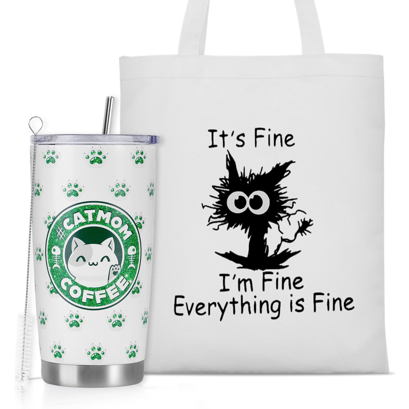 Cat Mom Gifts, Cat Lover Gifts for Women, 20 OZ Tumbler & Canvas Tote Bag - Funn
