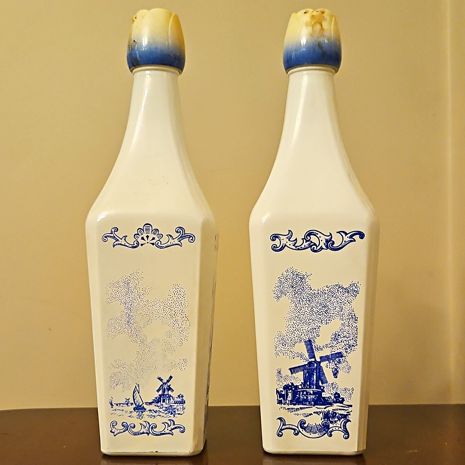 Vintage Vandermint Dutch Liqueur Bottles Pair Milk Glass Delft Blue Windmill