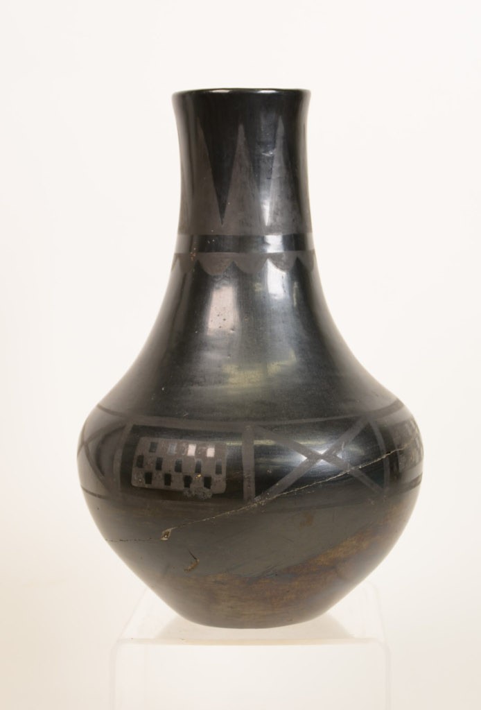 Maria Martinez Pottery Black on black Tall Jar, Maria & Julian, Signed \