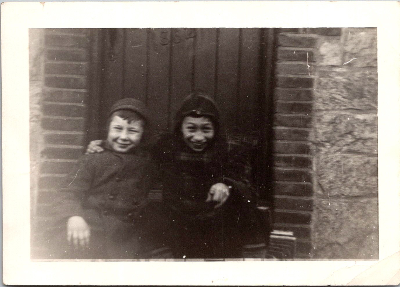 Smiling Young Boys in Winter Coats, 1930s Vintage B&W Snapshot Photo