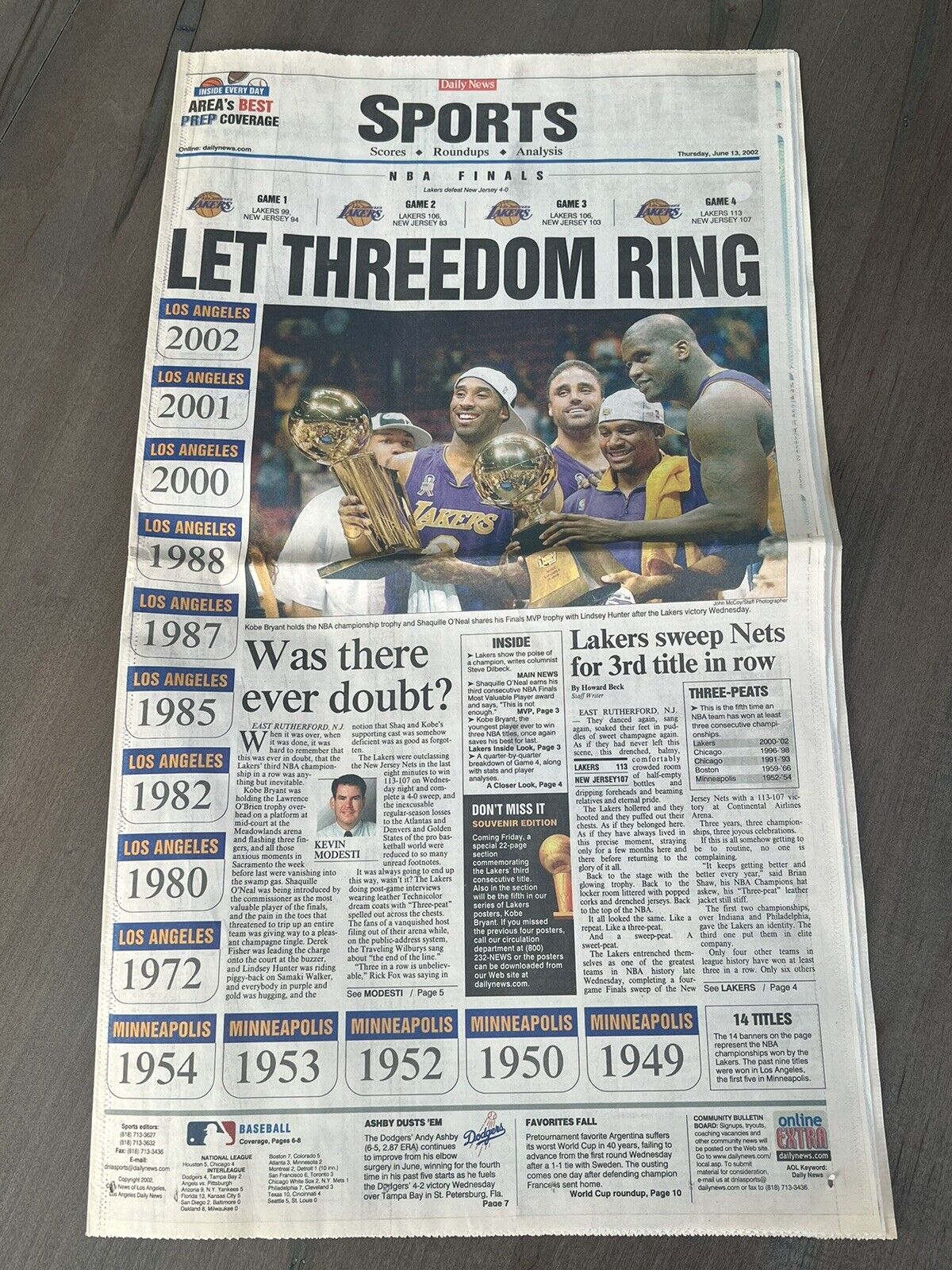Vintage LA Lakers Newspaper Los Angeles Daily News Sports Section 2002 Threepeat