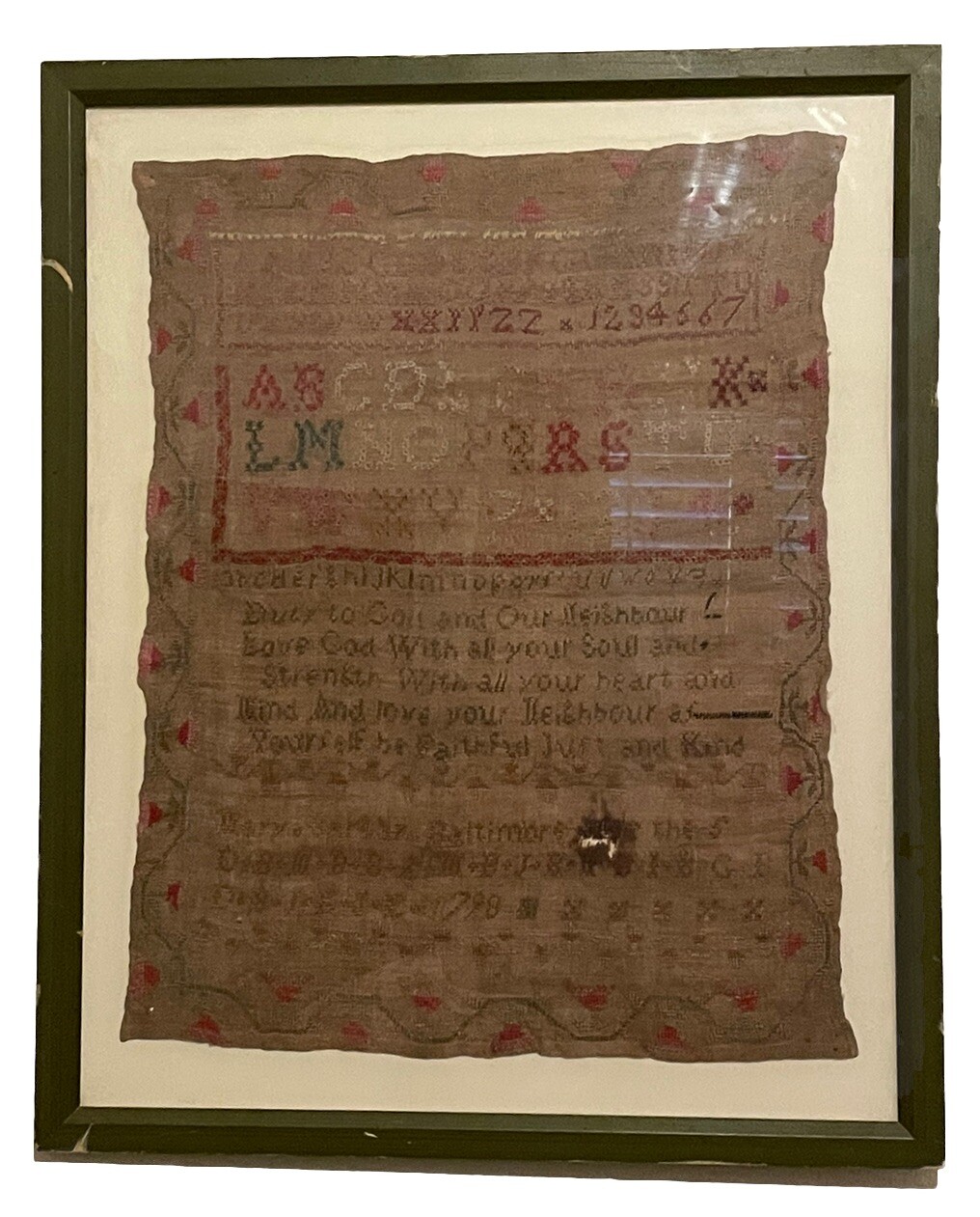 1798 Antique Needlework FOLK ART SAMPLER / Mary Barber Baltimore, MA