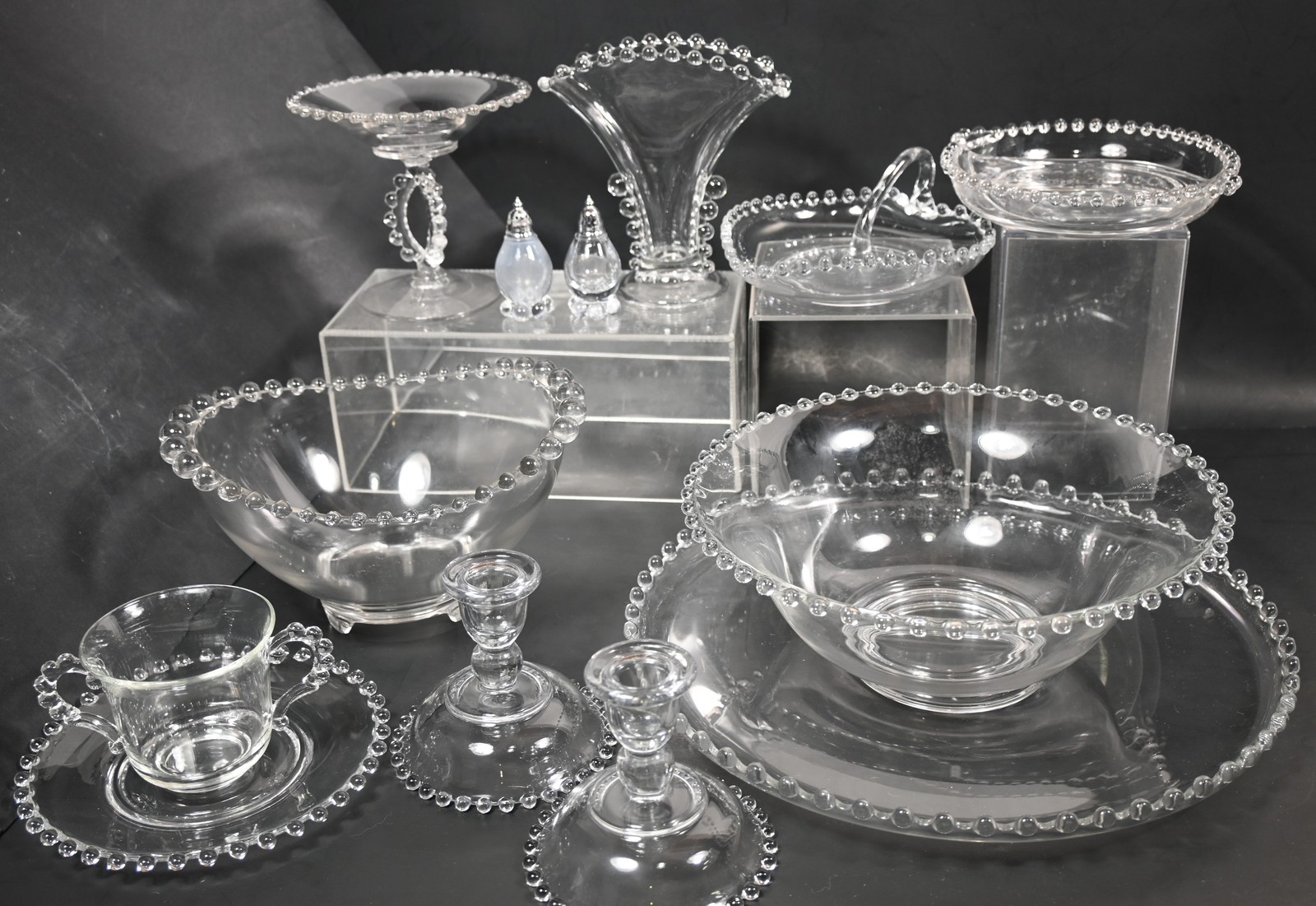 13-PC VTG CANDLEWICK IMPERIAL GLASS Punch Bowl & Plate, Serving Bowl, Dishes S&P