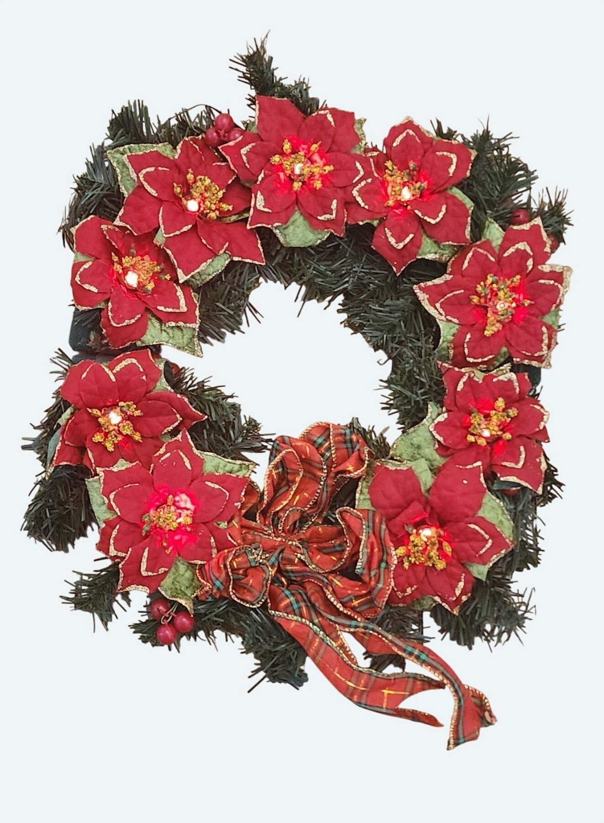 Vtg 2008 Avon Lighted Poinsettia Christmas Wreath w Plaid Bow Unused Vtg Stock