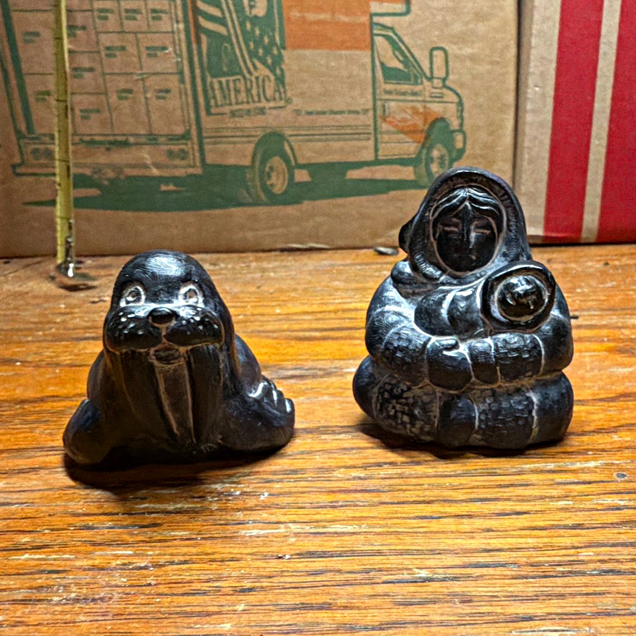 2pc Black Stone Figurines Seal & Mother With Child, Smooth Finish, 3 in
