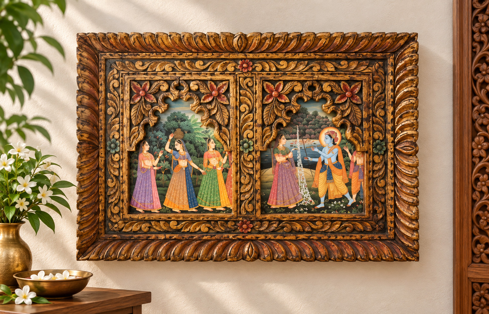 Vintage Wooden Wall Art Hand Carved Indian Krishna and Gopis Panel Paper Art