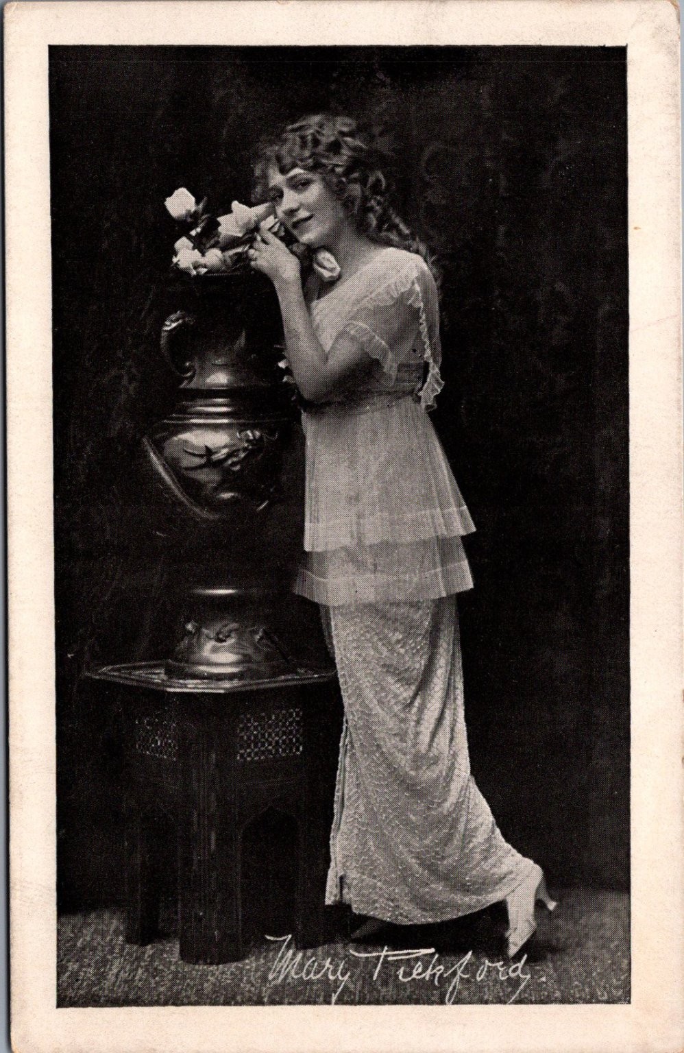 Mary Pickford RPPC Silent Film Star Actress Rose Vase Postcard 1910s-20s
