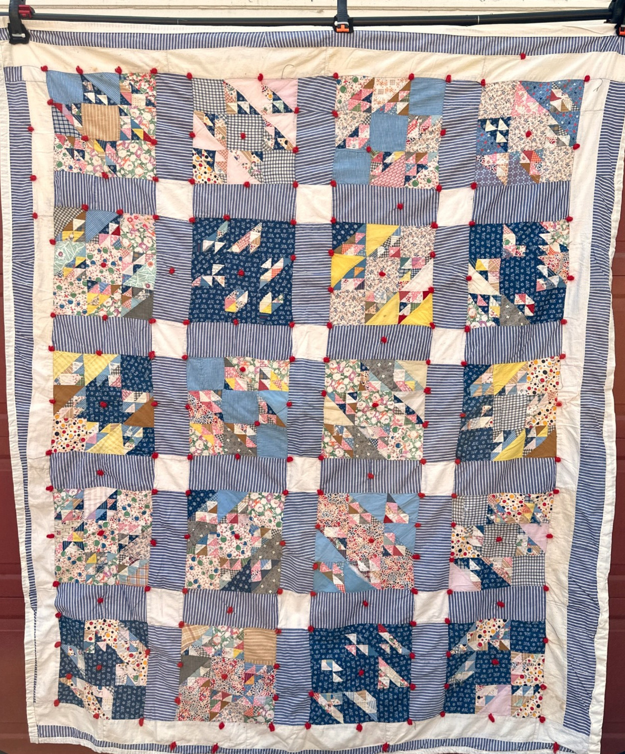 Apx 1940s Vintage Quilt Feedsack & Cotton Fabrics Hand Tied Old Maid’s Puzzle